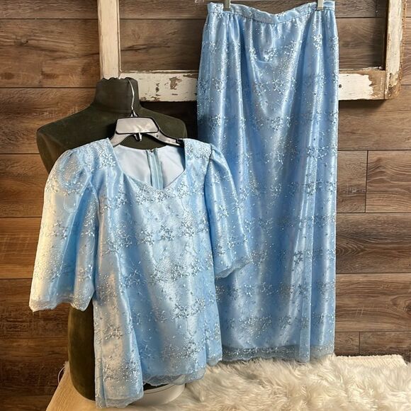 Creative Touch Evening Wear Maxi Skirt Set, Powder Blue , Floral Lace, Size S - Picture 3 of 14